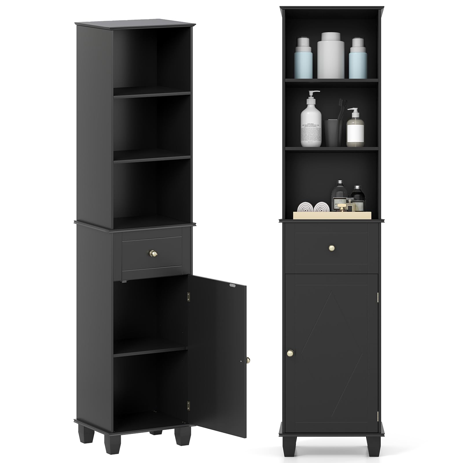 LIFEZEAL Mueble de Baño para Ahorrar Espacio, Columna Alta y Estrecha con 1 Cajón, 3 Estantes Abiertos, 1 Puerta y Patas de Madera Maciza, Armario Aparador para Cocina, Baño y Salón (Negro)