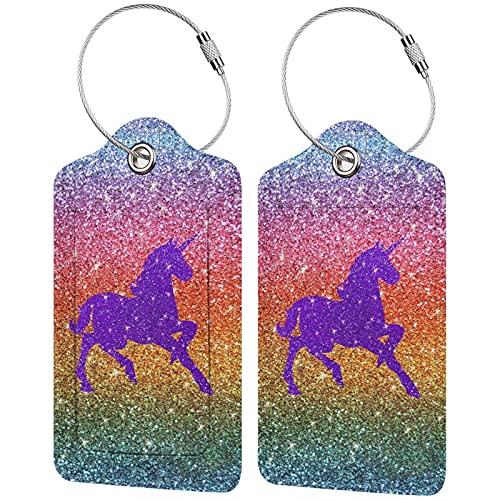 BLUBLU 2 Pack PU Leahter Luggage Tag with Stainless Steel Loop, Funny Travel Suitcase Labels with Privacy Cover ID Label Quickly Spot for Bags & Baggage Rainbow Glitter Purple Sparkles Unicorn