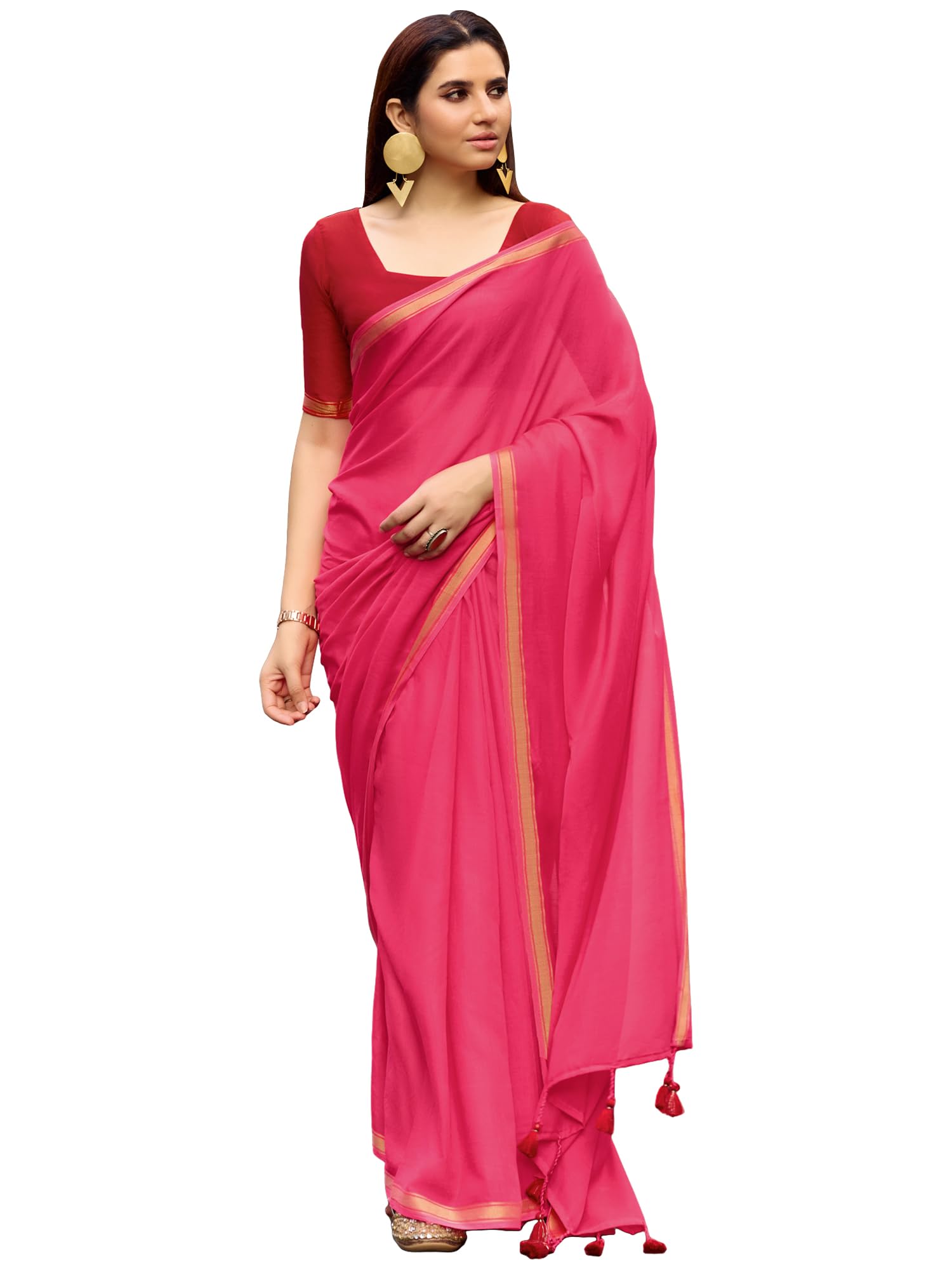 akhilam Women's Cotton Zari Border Tassels and Latkans Saree With Unstitched Blouse Piece | Saree for woman | cotton saree for woman-picture-28