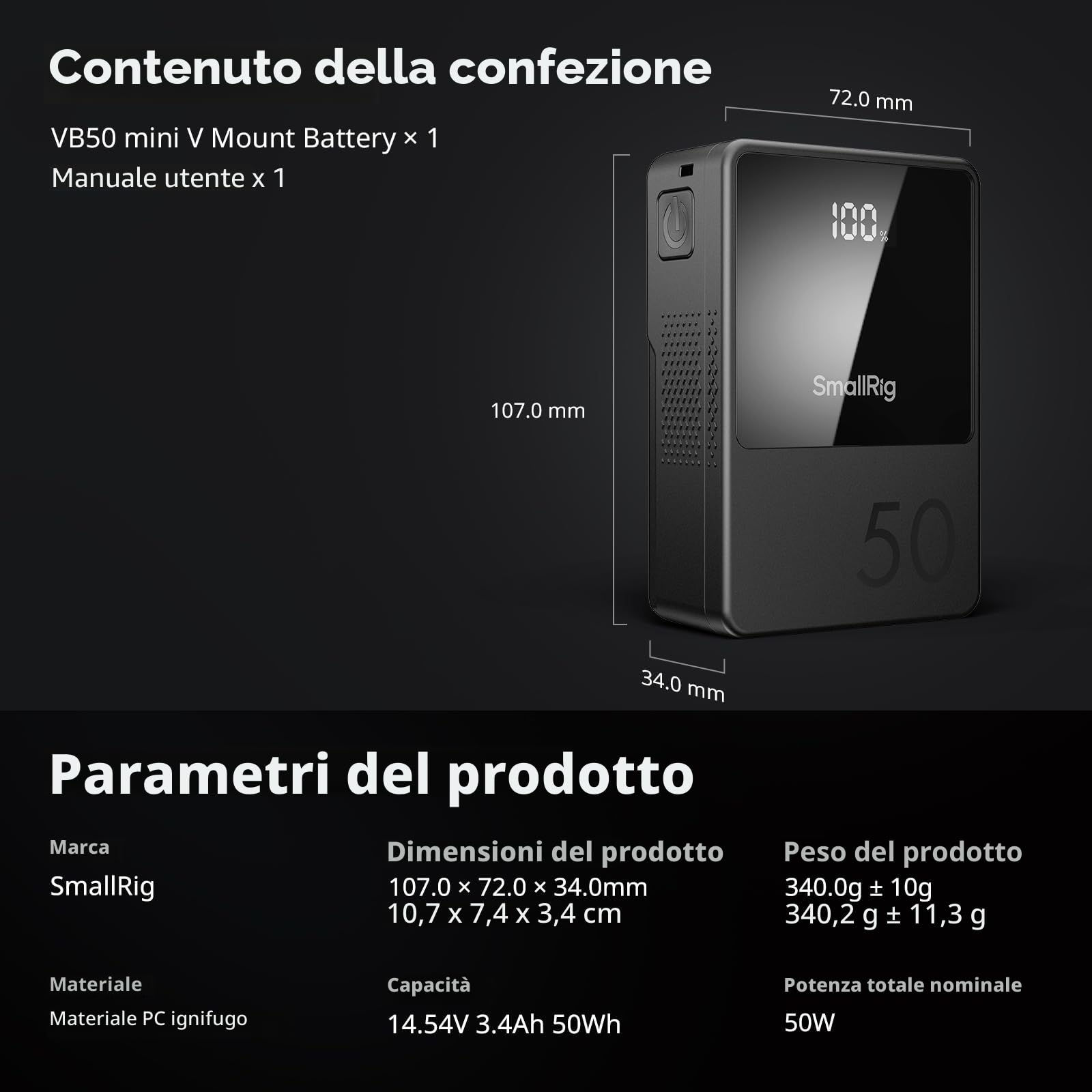 SMALLRIG VB50 Batteria V Mount con Display OLED, 3400 mAh Batteria V Lock Portatile con Porta USB-C/USB-A/D-TAP/DC8V/DC12V/BP, 45W Ricarica Rapida PD Bidirezionale, per Camera/Monitor, Nero - 3579B
