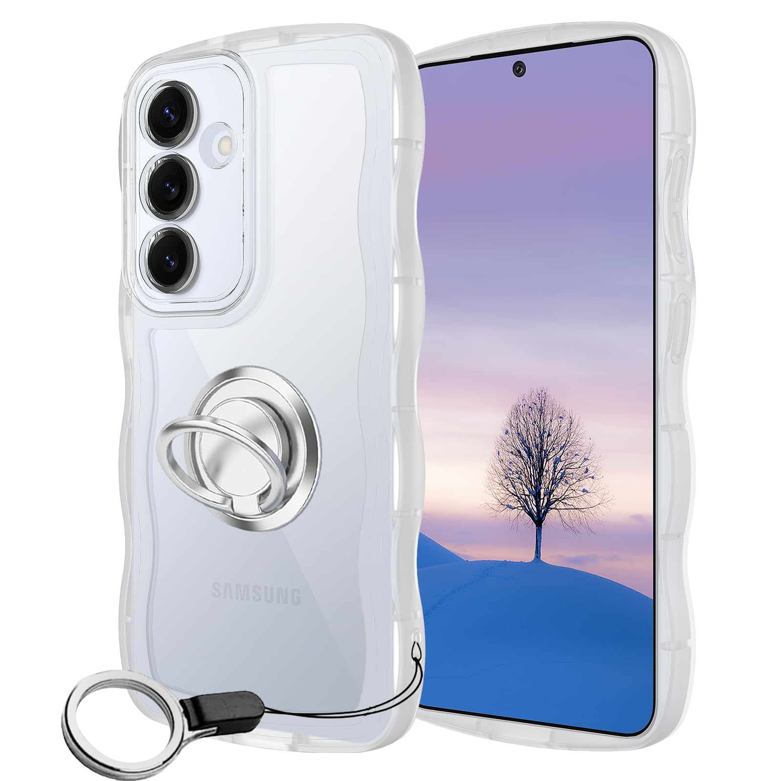 Galaxy A55 5G SC-53E SCG27 ケース クリア ウェーブ リング付き TPU波状のバンパー 透明 スマホケース かわいい うねうね ギャラクシー A55 ウェーブ デザイン 可愛い 韓国 女性用 薄型 人気 おしゃれ 耐衝撃 ストラップホール付き(クリア)