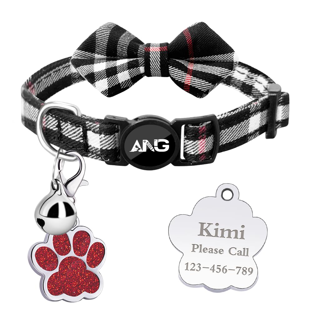 Personalized Breakaway Cat Collars - ID Tag, Bell, Bowtie - Safety Quick-Release, Customized for Girls & Boys Cats (British Tartan-Black)