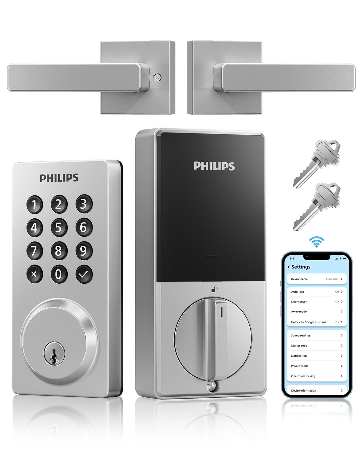 Philips WiFi Smart Door Lock with Handle, Built-in WiFi App Remote Control, Keyless Entry Door Locks for Front Door, Smart Deadbolt Auto Lock, Support Alexa & Google, IP54 Waterproof, Satin Nickel