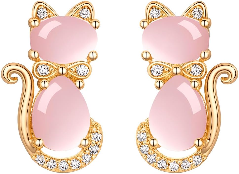 Rose Gold Cat Stud Earrings, Dog Paw Earrings, Pink Glass Crystal, Rhinestone Accents, 0.63 x 0.35 inches - Cat Earrings Gift