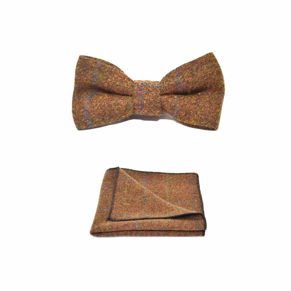 King & Priory Brown Heritage Check Cedar Bow Tie & Pocket Square Set