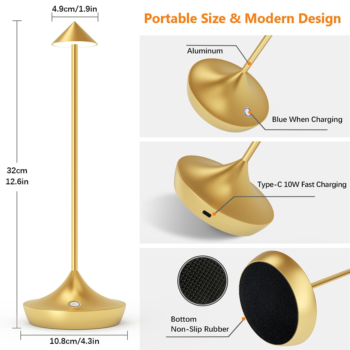 Hapfish Lampada da Tavolo Senza Fili LED, 6000mAh Lampada da Comodino Ricaricabile in Alluminio di Moda, Dimmerabile, Impermeabile, Luce Portatile Batteria per Ristorante Scrivania Esterno (Oro)