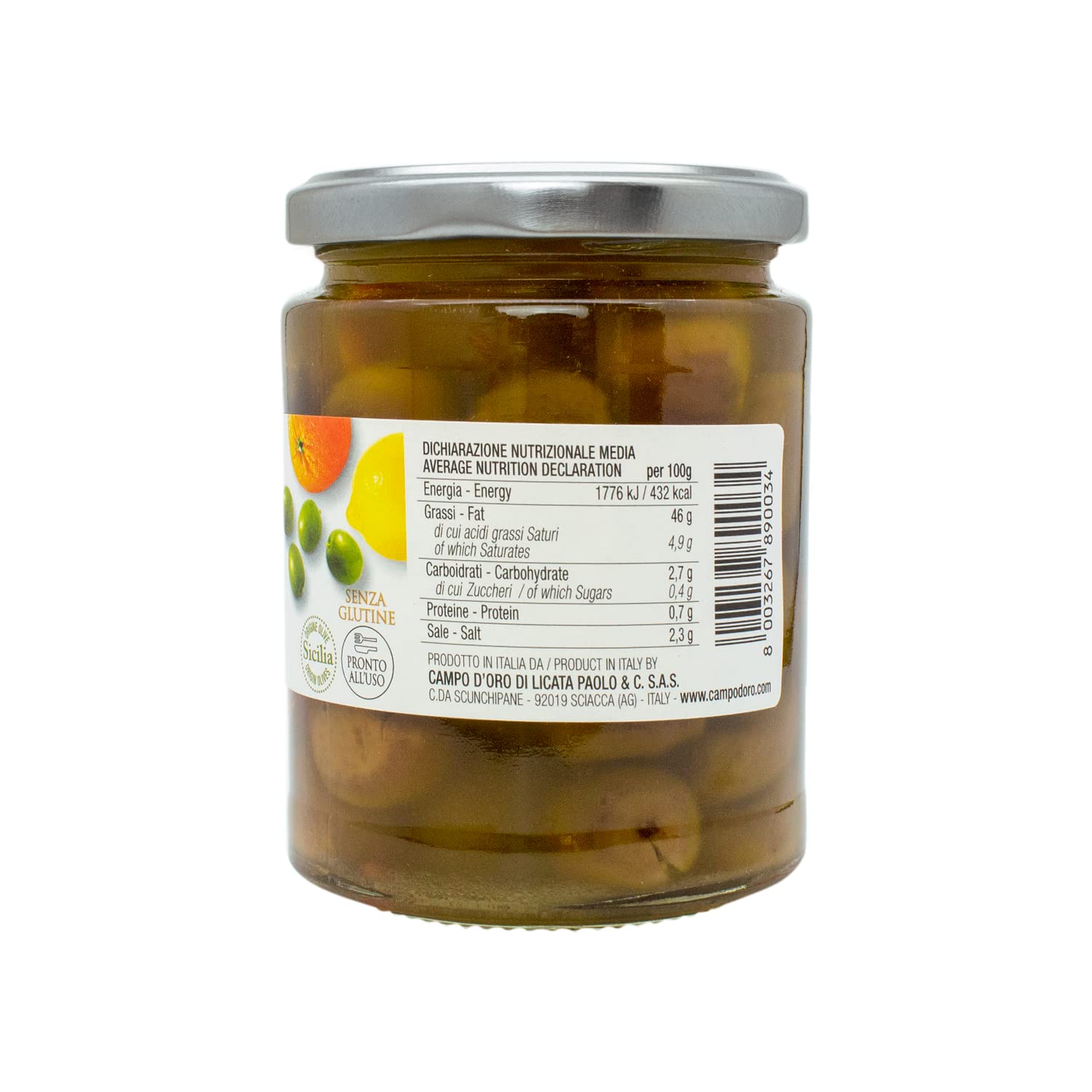 CAMPO D'ORO OLIVES VERTES ARÔMATISÉES AUX AGRUMES DE SICILE 290 gr Olives sicilienne sous huile aux agrumes de sicile d'orange et de citron. 100% made in Italy