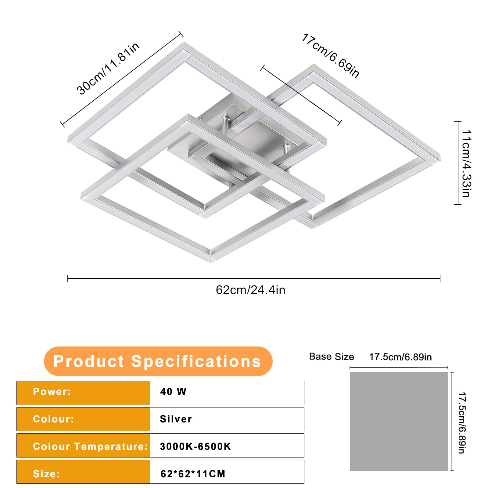 DELIPOP Plafoniera LED Soffitto Dimmerabile 3000K-6500K, Lampadario Camera da Letto Moderno 40W 4500LM, Lampada da Soffitto Argenteo Quadrata per Soggiorno, Camera da Letto, Sala da Pranzo