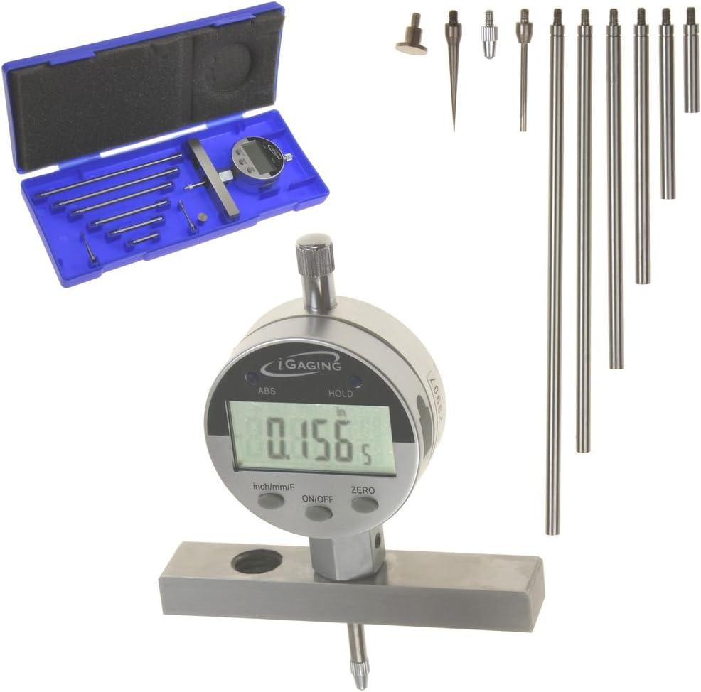 iGaging Depth Gauge Digital Electronic Indicator 0-22" Measuring Range, 0.0005" Resolution, 2-Position Base (Inch/MM/Fractions)