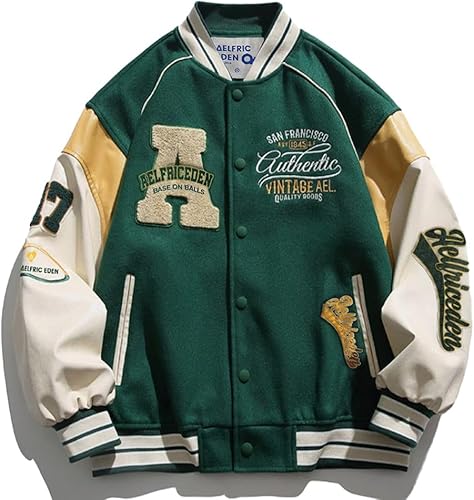 Aelfric Eden Chaqueta universitaria con estampado de amor y letras para hombre, chaqueta de béisbol con gráficos vintage, unisex, ropa de calle