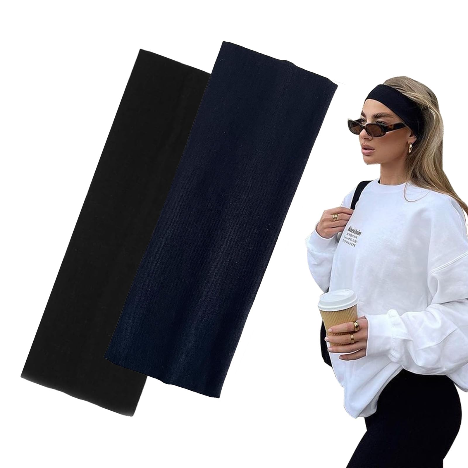 7cm Wide Black Headbands for Women Men, Yedtreg 2pack Fashion Head Bands for Women's Hair, Soft Fabric Stretchy Hair Bands for Makeup, Yoga, Running, Sports (Black/White) — view 8