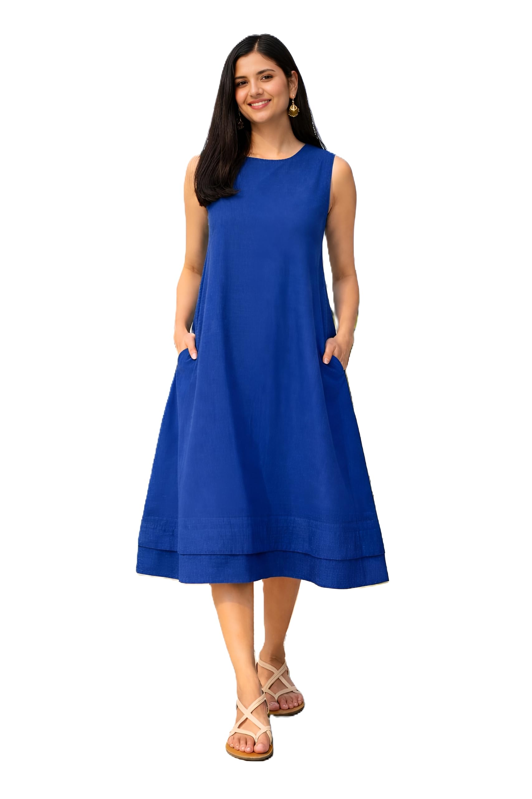 Women's Linen Sleeveless A-Line Midi Dress | Round Neck Flared Casual Dress with Pockets | Relaxed Fit Elegant Summer Dress for Office, Travel, Vacation-image-36