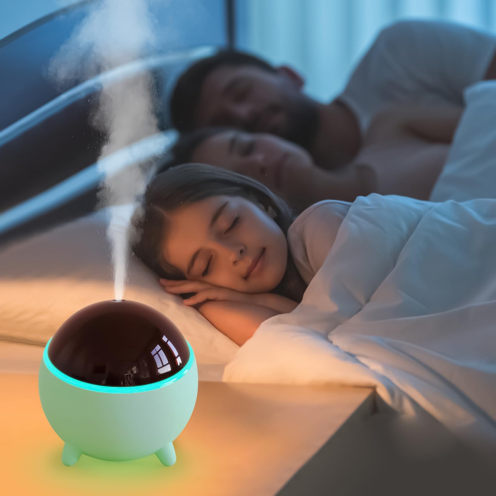 mobigon Wood Cool Mist Ultrasonic Humidifier for Room Moisture, Aroma Diffuser for Home, 300ml Essential Oil Diffuser with 7 Colorful Night Light, Auto Shut-Off, Home, Office, Car (Turquoise)