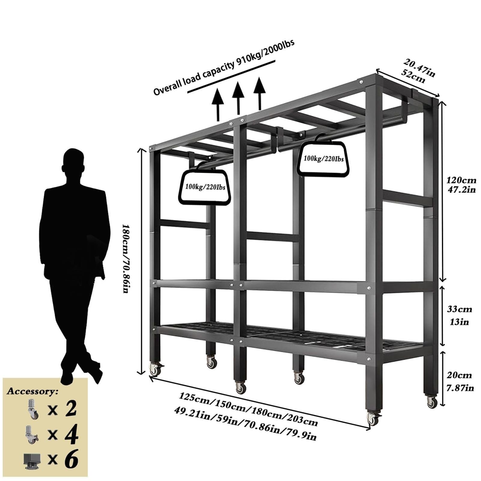Robuster, Faltbarer Kleiderschrank Mit Rädern, Metallrahmen, Tragbarer | Stoff-Kleideraufbewahrungsorganisator(125*52*180cm)