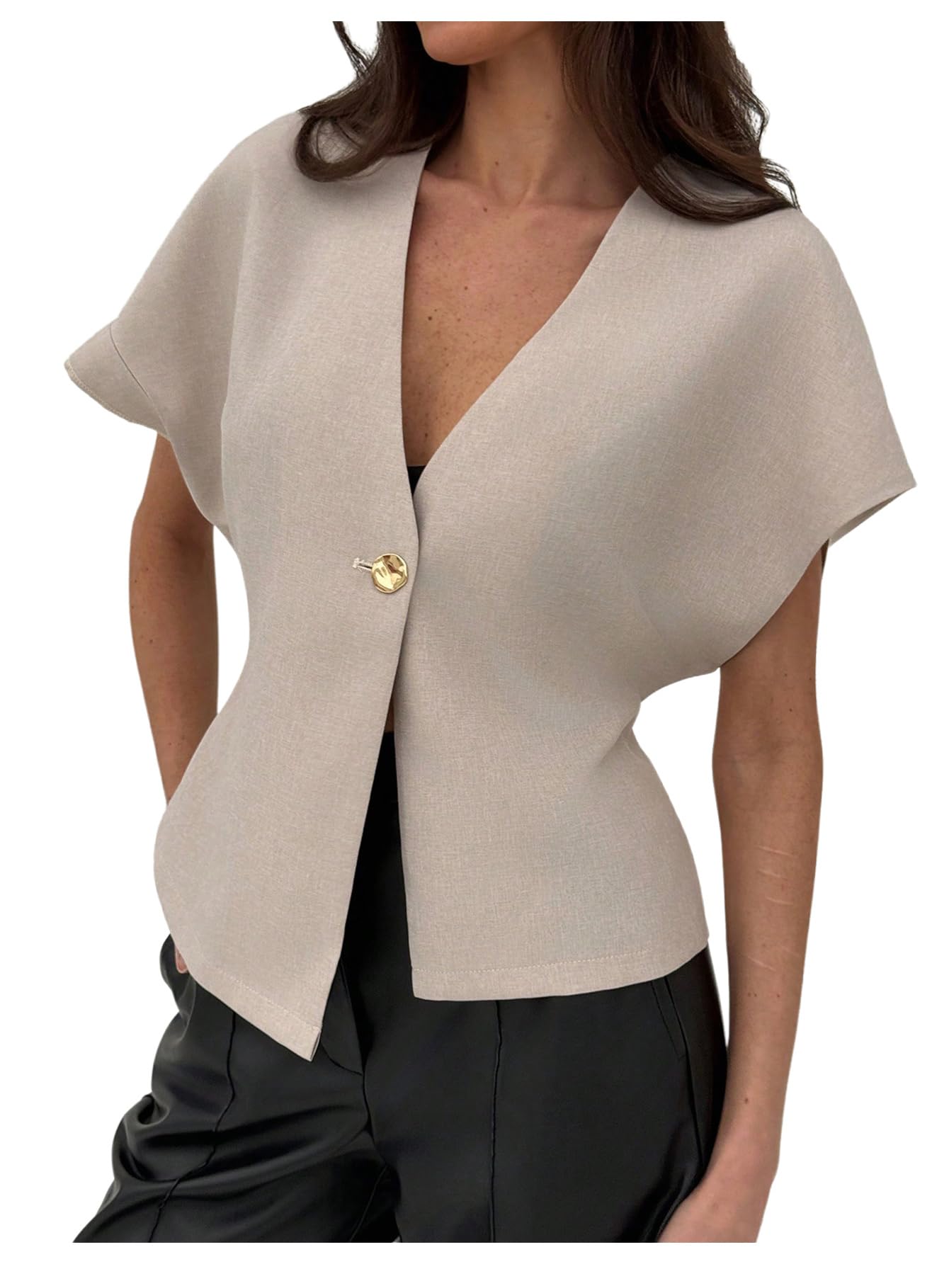 MakeMeChic Womens V Neck Blazer Top Single Button Short Sleeve Plain Office Suit Blazers