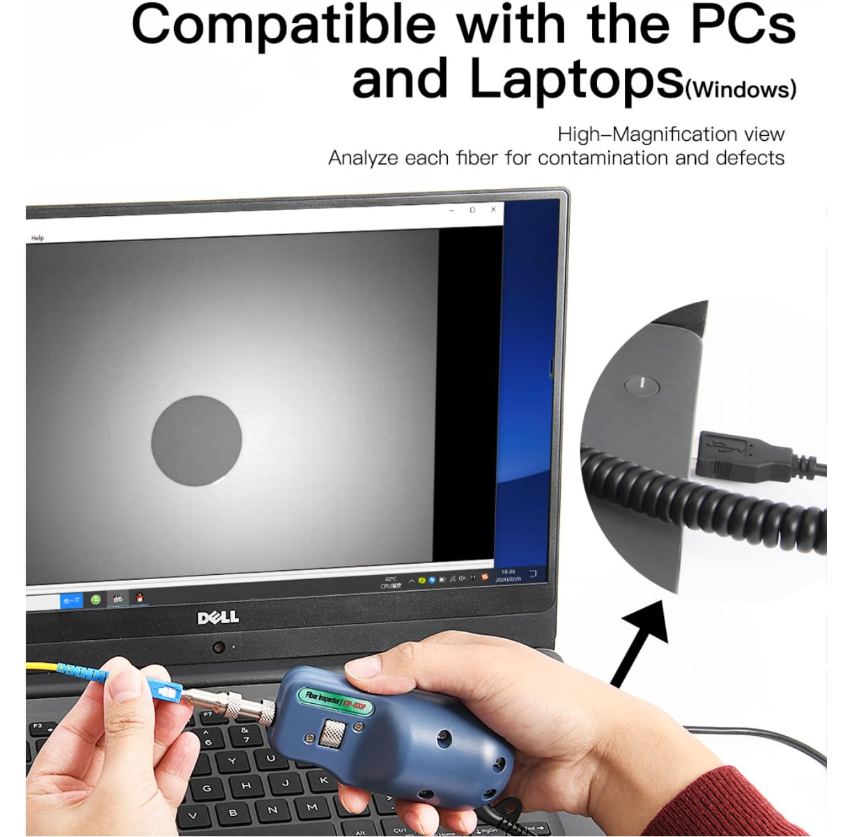 Fiber Optic Inspection Probe KIP-600P Automatic Focus+400X Magnification Fiber End-Face Video Inspection Probe+2.5mm Universial Tip for SC, FC, ST UPC Male+SC Female+LC Male/Female Tips