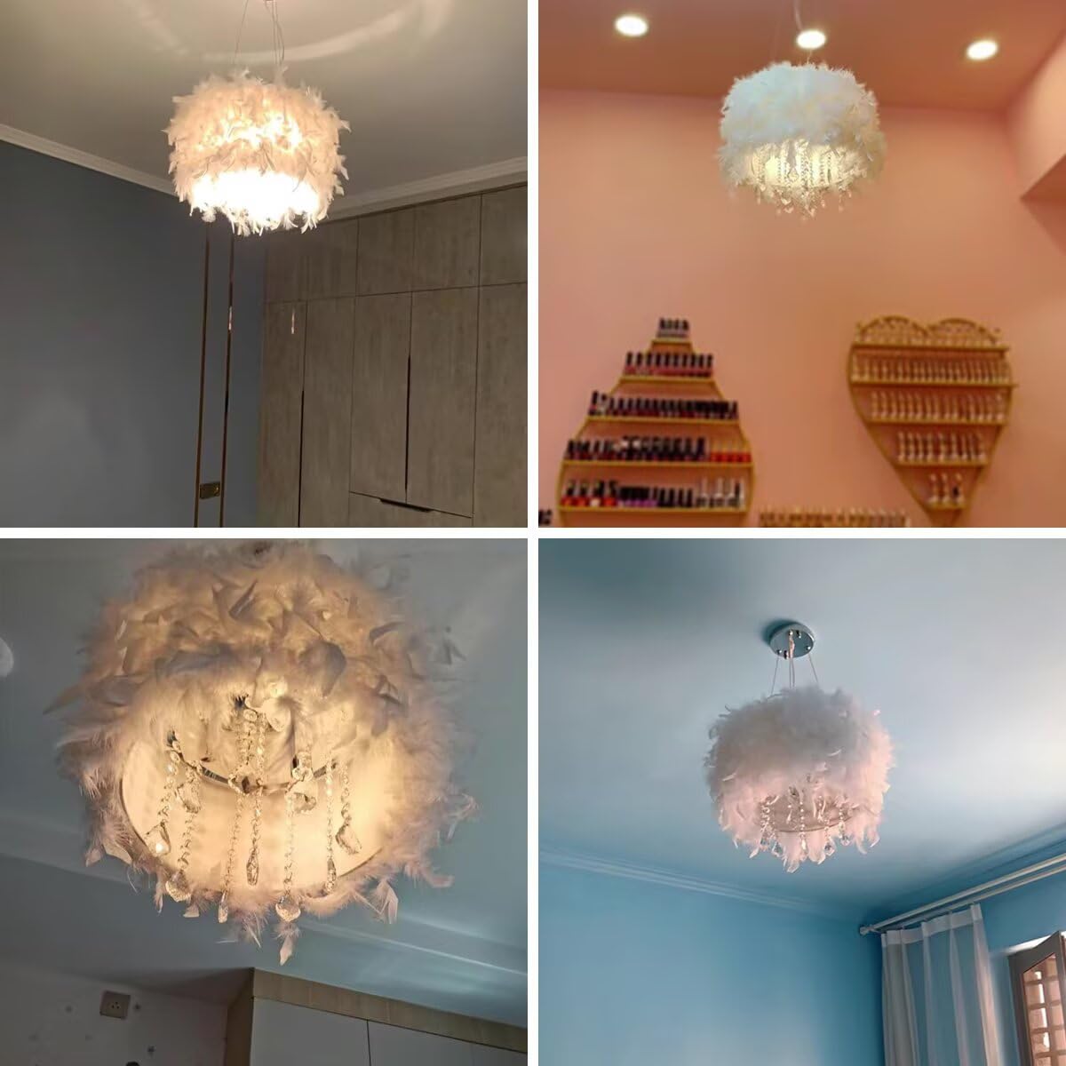 Lámpara colgante de plumas de cristal Lámpara colgante de plumas blancas Lámpara de techo Lámpara de techo, lujo romántico para sala de estar, comedor, 50 CM / 19.8 PULGADAS