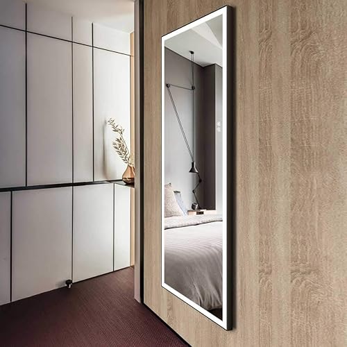 Espejo LED de longitud completa, espejo de tocador grande con botón táctil, 70 x 28 pulgadas, marco negro, regulable, enchufable, espejo de pie y
