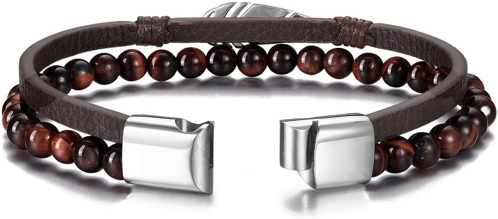 Zysta Leather Bracelet for Men Double Layered Genuine Leather Beaded Bracelet Tiger Eye Lava Rock Stone Braided Leather Cuff Bracelet with Stainless Steel Clasp Mens Wristband Bangle - Image 4