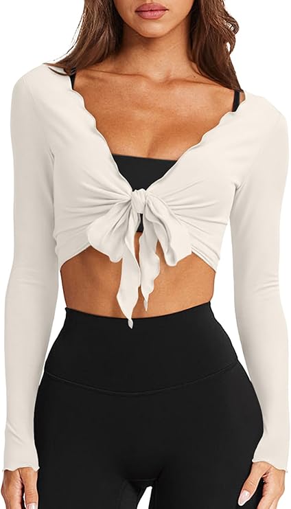 LASLULU Womens Tie Front Wrap Tops Long Sleeve Bolero Shrugs Crop Cardigan Yoga Ballet Cover up Tops Pilates Outfits