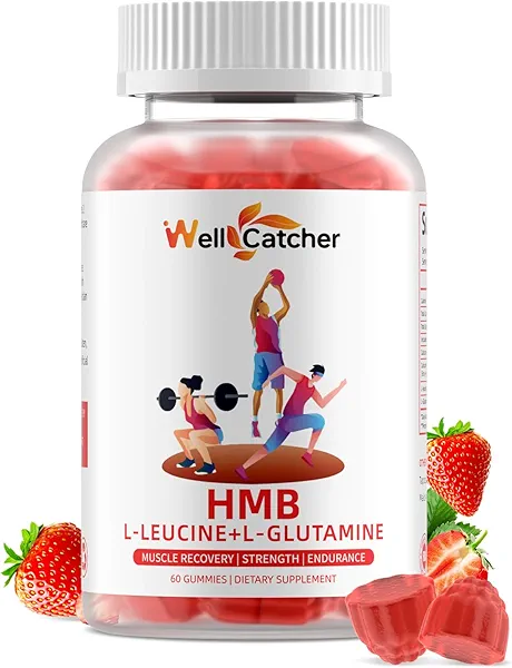 Wellcatcher HMB and Leucine Amino Acid Gummies: HMB Supplements for Men Women with L-Glutamine for Muscle Growth Fast Workout Recovery, Sugar Free Vegan Non-GMO Strawberry Flavored 30 Day Supply