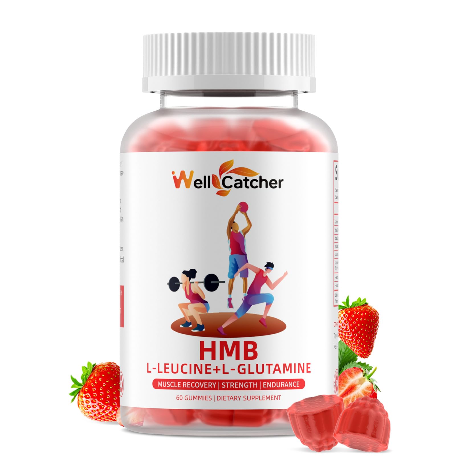 Wellcatcher HMB and Leucine Amino Acid Gummies: HMB Supplements for Men Women with L-Glutamine for Muscle Growth Fast Workout Recovery, Sugar Free Vegan Non-GMO Strawberry Flavored 30 Day Supply