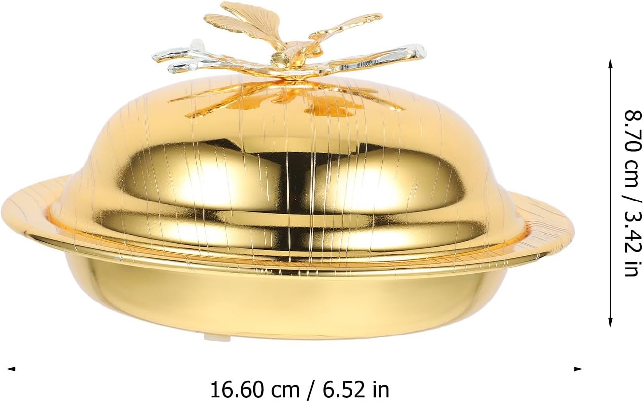 GARVALON Butter Dish with Lid 6.5-inch round Metal Butter Tray Gold Household Kitchen Snack Plate for Home Dining and Entertaining