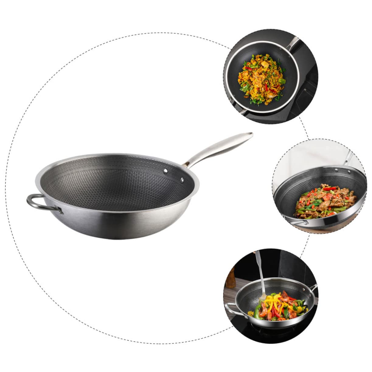 Uonlytech Wok in Acciaio Resistenti con Struttura a Nido d'Occhielli Antiaderente Manico Ergonomico Padella Tradizionale Cinese per Cucina a Induzione Resistente e Facile da Pulire