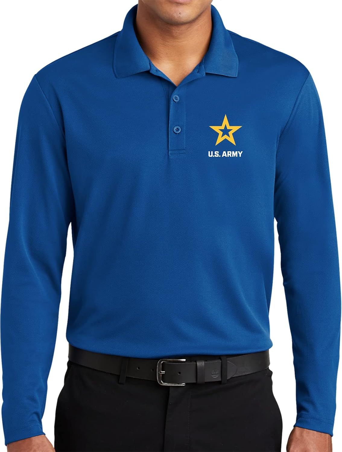 US Army Star Logo White Chest Print Long Sleeve Moisture Wicking Polo Shirt