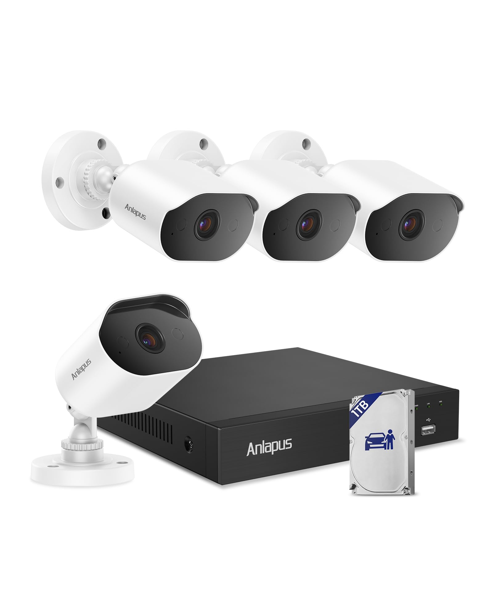 Anlapus 4K Security Camera System with AI Human Vehicle Detection, 4pcs 8MP Wired Indoor Outdoor CCTV Cameras, Night Vision, One-Way Audio, H.265+ 8CH