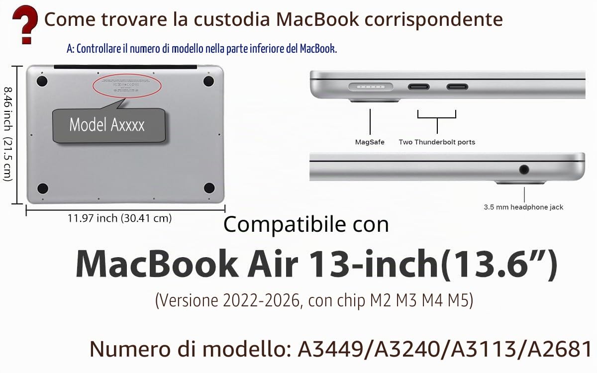 UESWILL Compatibile con MacBook Air 13" M4 M3 M2 2022-2025 modello A3240 A3113 A2681 con display Retina liquido da 13,6 pollici Touch ID, custodia rigida con motivo + panno in microfibra, luna
