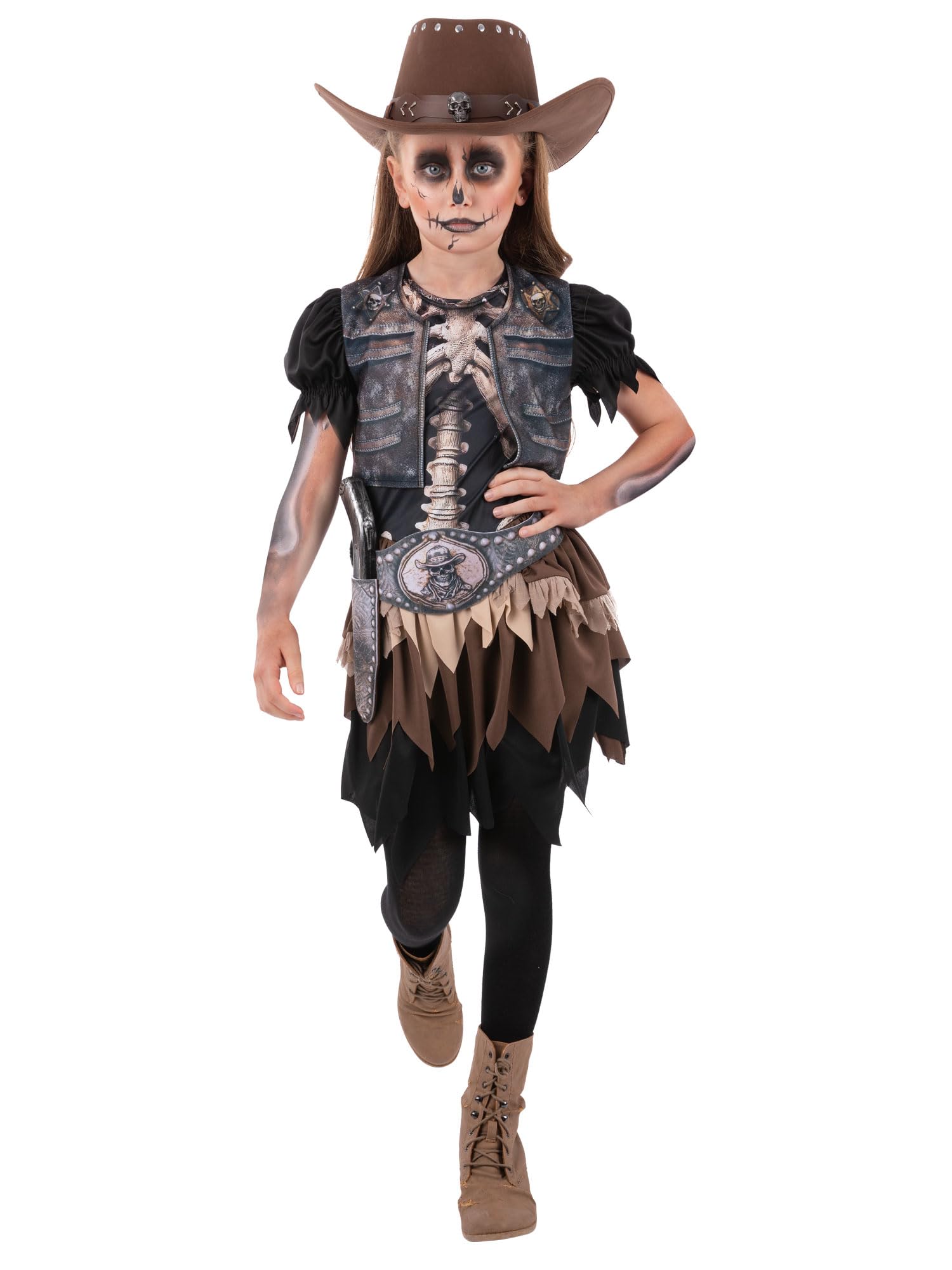 Smiffys Skeleton Cowgirl Costume for Girls, Spooky Western Halloween Outfit with Skeleton Print Dress and Holster Belt, Wild West Fancy Dress for Kids Age 10-12