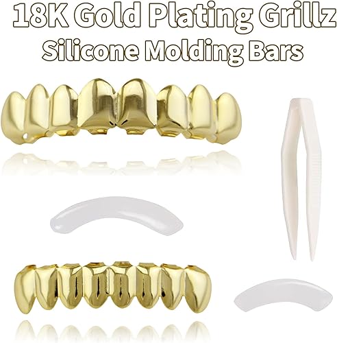 Miniatura 3 de 16 piezas chapadas en oro de 18 quilates con acabado dorado de 18 quilates, 8 dientes superiores + 8 dientes inferiores, parrillas bucales Hip Hop