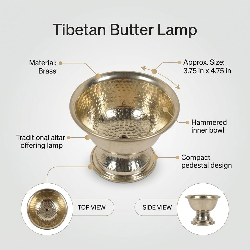 Traditional Brass Butter Lamp Diya for Pooja, Tibetan Style Offering Bowl with Hammered Finish and Pedestal Base for Ghee Oil Lamp Rituals Altar Meditation & Temple Décor