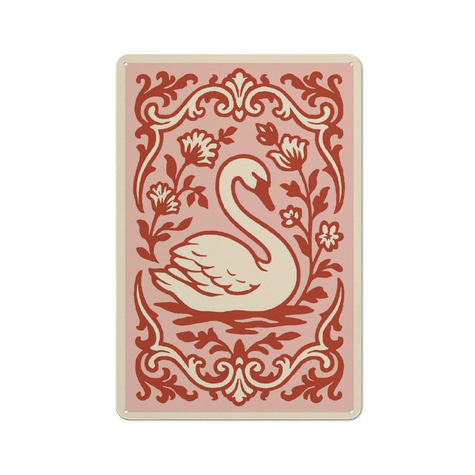 Junmoney Style Tin Wall Plaque 30X20cm With Elegant Swan With Floral Border For Home Bar Wall, New-Space Wall Decor For Hosts Who Enjoy Retro Interiors