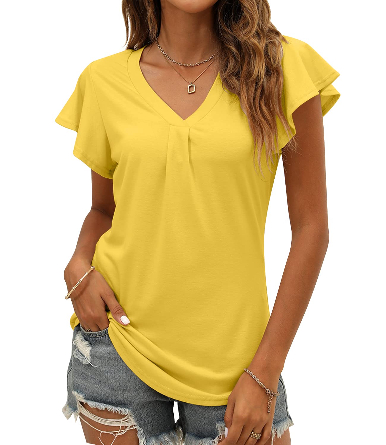 Women's Summer Tops Ruffle Sleeve V Neck Tunic Shirts Business Casual Flowy Blouses for Women