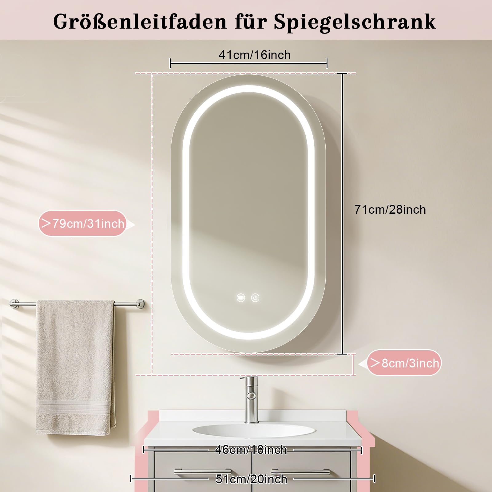 41cm×71cm Oval Spiegelschrank Bad mit Beleuchtung,LED-Spiegelschrank für das Badezimmer,3 Farbtemperaturen & Helligkeit einstellbar,Rasierdose mit USB-Anschluss,Innenbeleuchtung,Weiß