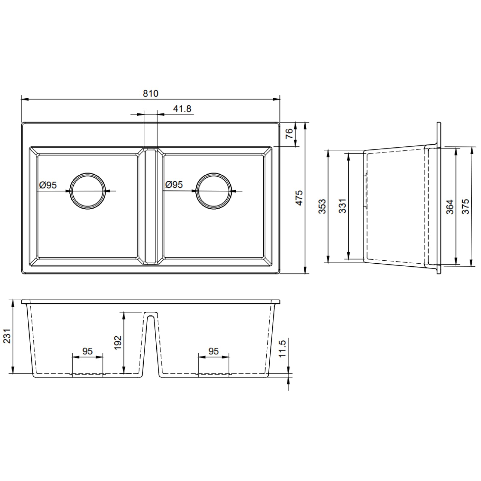 Lavello Fregadero de granito Grafito – Fregadero de montaje profundo 81x47,5 cm – Fregadero de cocina 2 pilas, fácil de cuidar, resistente a los arañazos, reversible – incluye juego de desagüe y