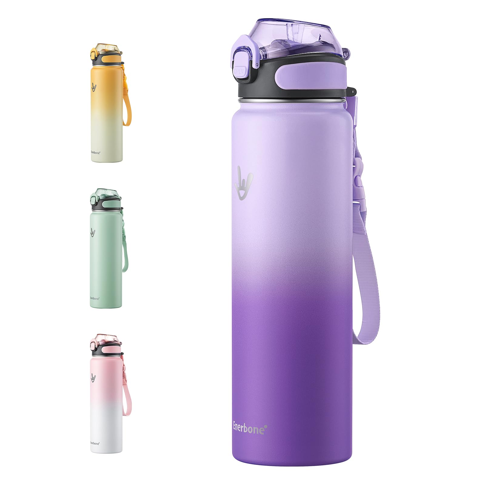 Enerbone 32 oz Insulated Water Bottle, Stainless Steel Bottle with Carrying Strap, Double-Wall Vacuum Insulation Design, Leakproof Sports Bottle with