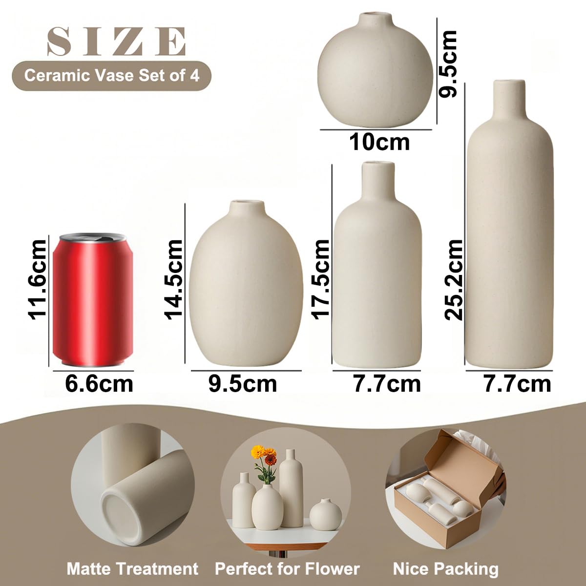 Set di 4 vasi moderni, in ceramica, colori Morandi, decorazione minimalista da tavolo (beige)