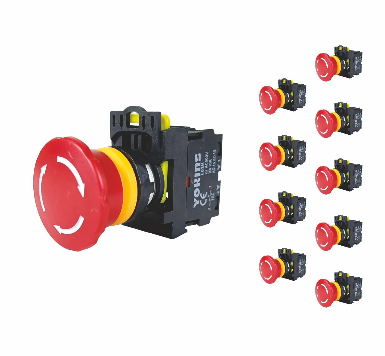 emergency stop push button, eb2m-a-01-zs, 22mm red color with auto lock on push & twist to release with 1nc (copper & silver contacts) - set of 10pcs