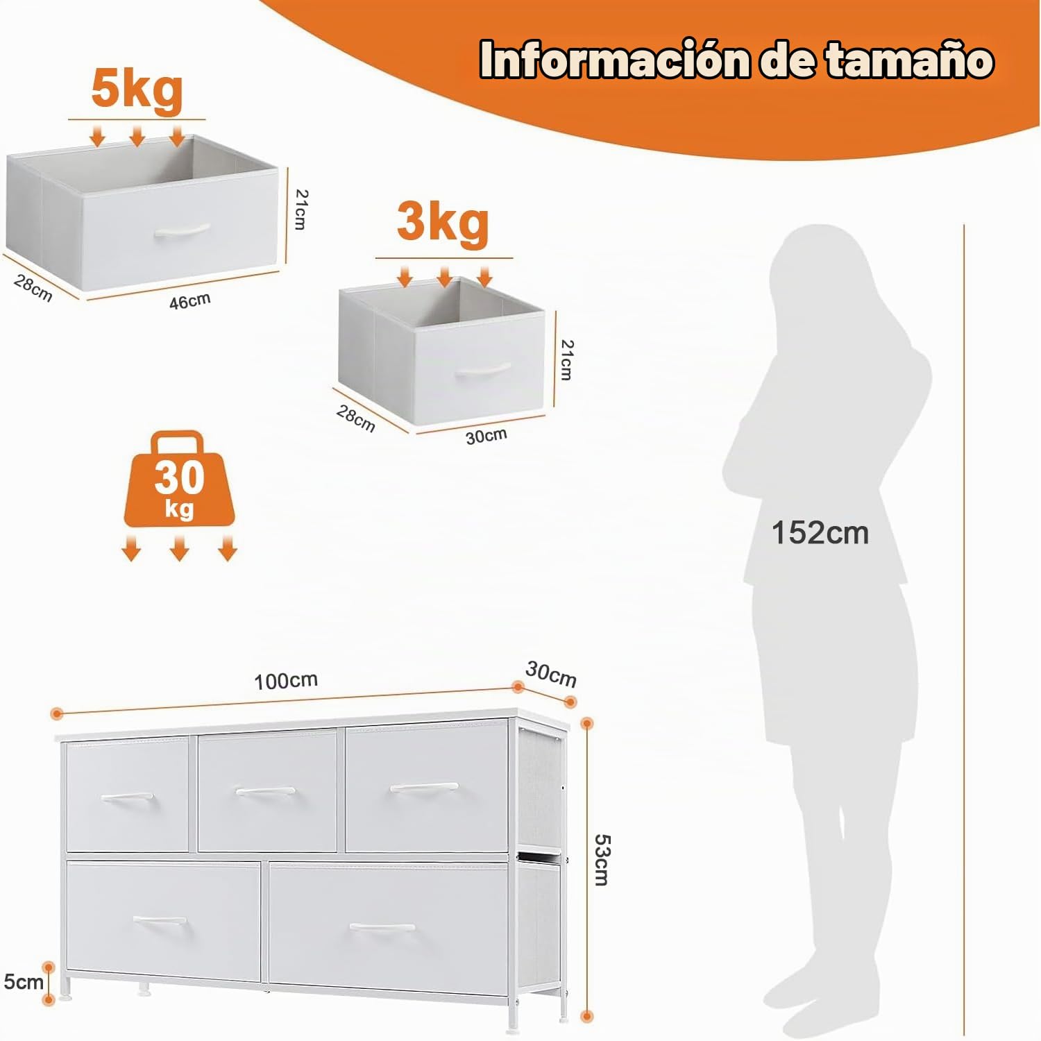 DUMOS Cómoda con cajones, cómoda y aparador para Dormitorio, Armario de 5 cajones, cómoda de Tela con Marco de Acero, Armario pequeño, Ideal para Pasillo, salón (Blanco)