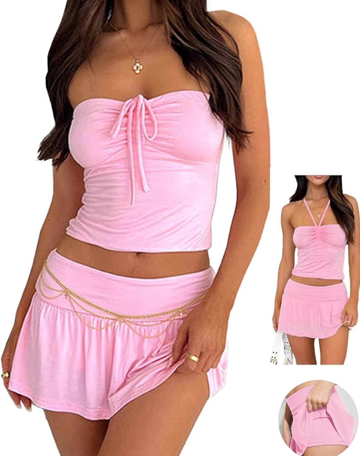 CAPE CLIQUE Rave Outfits for Women Cute Summer Festival Two Piece Sets Sexy Going Out Y2K Skirt Skort and Top Set