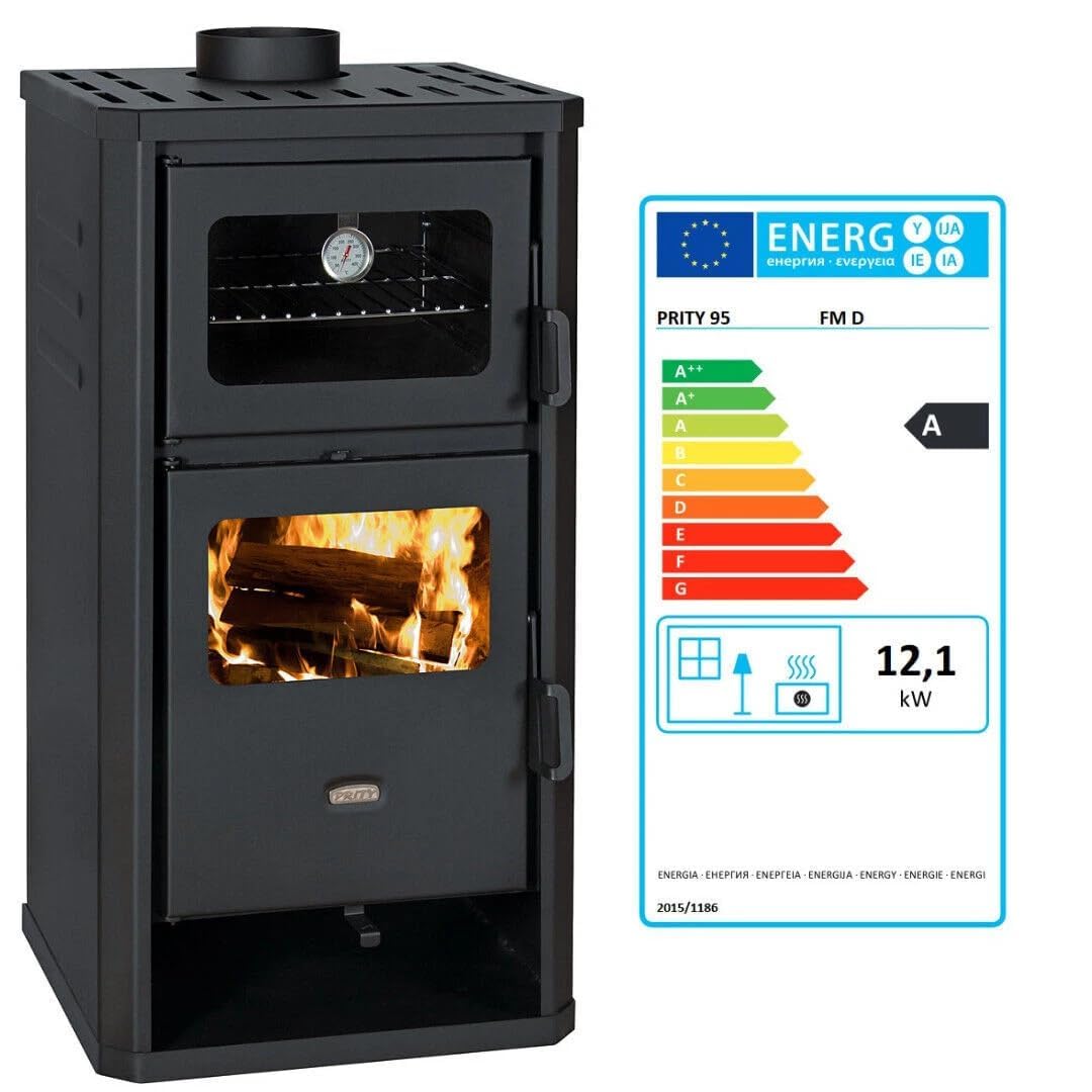 Prity FM D - Stufa a legna con forno e rivestimento d'acqua, riscaldamento centralizzato, certificato CE, stufa a legna