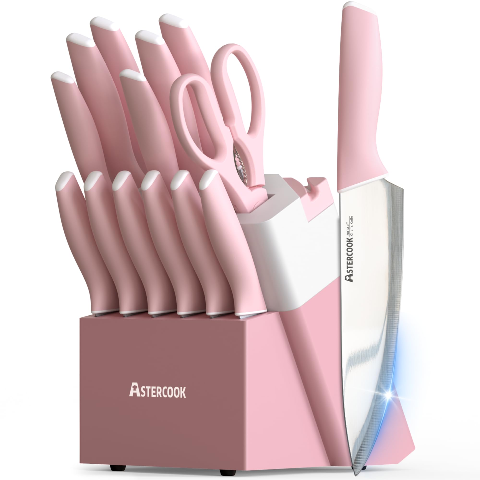 Astercook Knife Set, Kitchen Knives Set with Block and Sharpener 15 Pcs German Stainless Steel Sharp Blade Dishwasher Safe with Ergonomic Handle, Crystal Pink