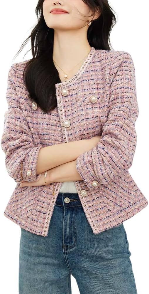 Giacca da Donna in Tweed Doppiopetto Giacca Casual in Tweed abbottonata Casual Giacca Elegante con Corsetto da Ufficio Senza Risvolto