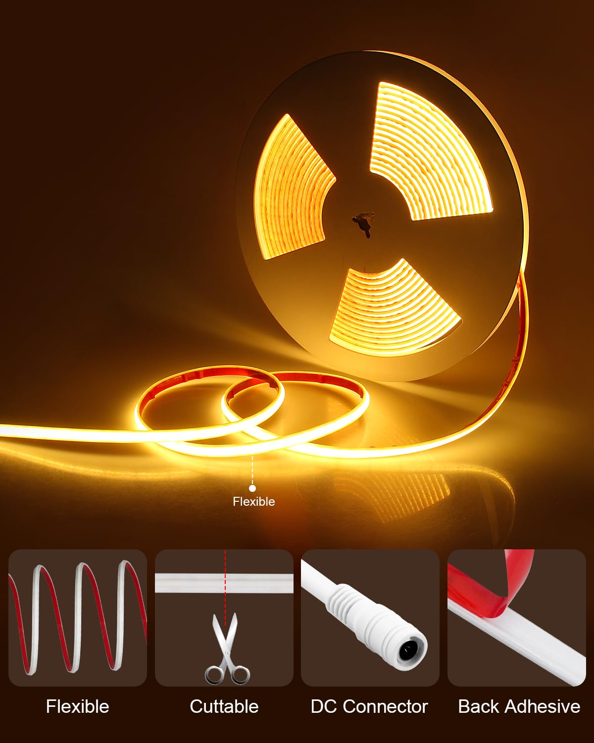 ALITOVE Tira LED COB de 10 m, color blanco cálido, 3000 K, para exteriores, impermeable, autoadhesiva, 2400 ledes DC 24 V, para aleros de jardín, piscina, Navidad (sin adaptador ni controlador)