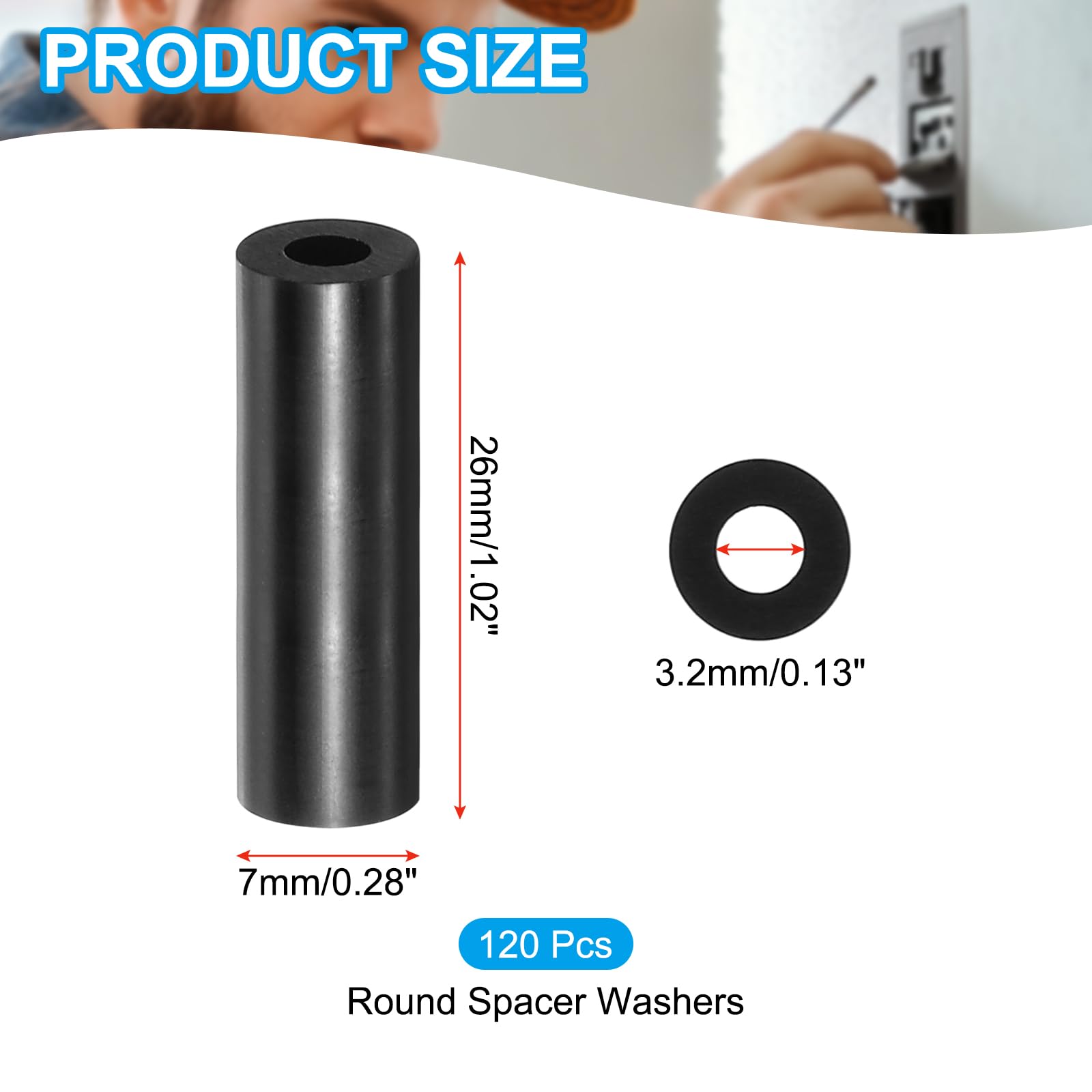 PATIKIL M3 Black ABS ID 3.2mm,OD 7mm,Length 26mm, Nylon Round Spacer Washers - Image 2