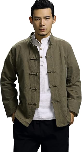 NFYM Men Chinese Tang Suit Long Sleeve Kung Fu Jacket Coat Frog Button Down Tops Martial Art Shirt