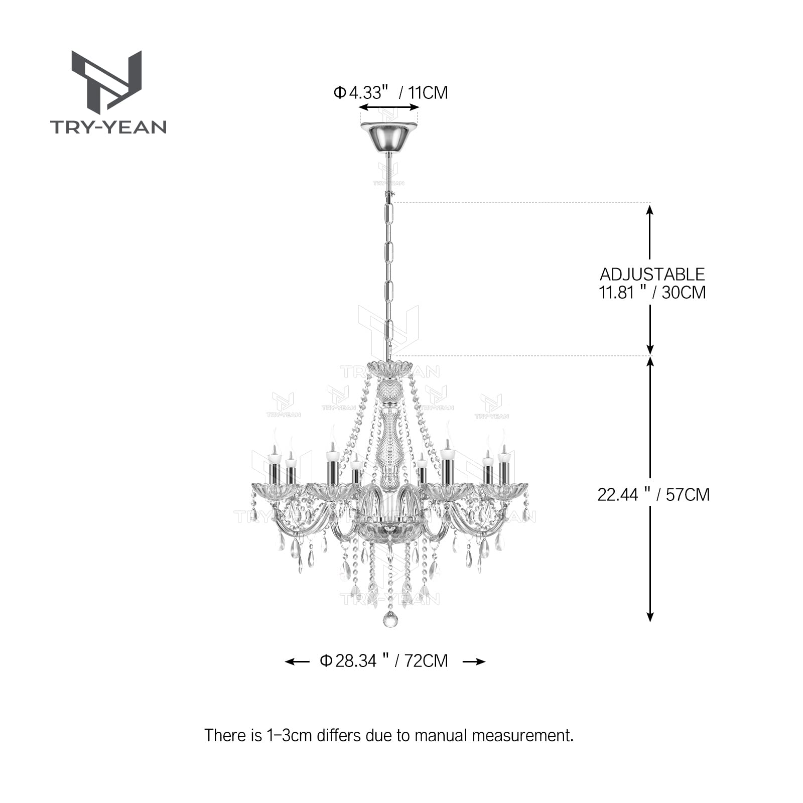 Lussuoso Lampadario a 8 Bracci Lampadario in K5 Cristallo Trasparente Lampada a Sospensione E14 con Catena Regolabile Stile Candela per Camera da Letto, Soggiorno, Sala da Pranzo, Corridoio